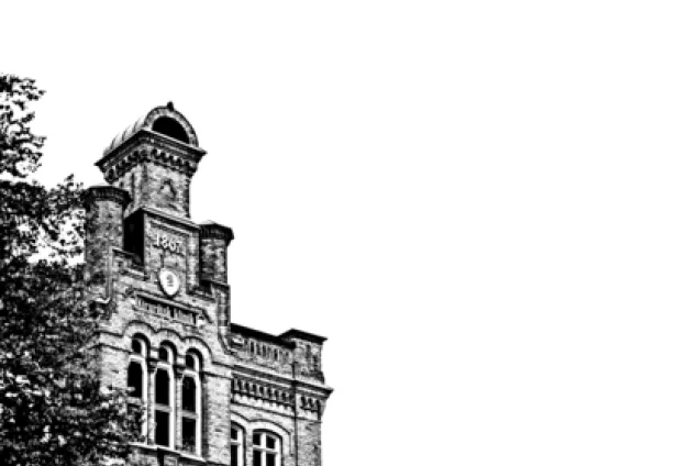 Black and white illustration of a university building