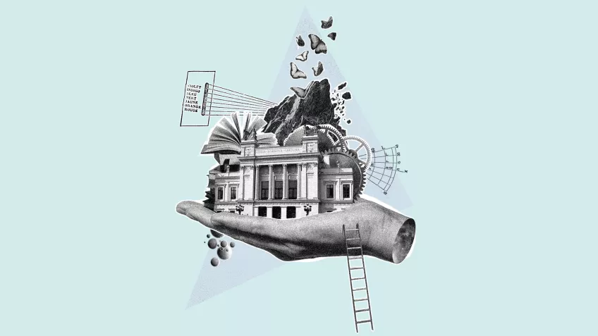 Illustration på en hand som håller upp olika objekt: universitetsbyggnaden, ett berg, fjärilar, böcker bland annat