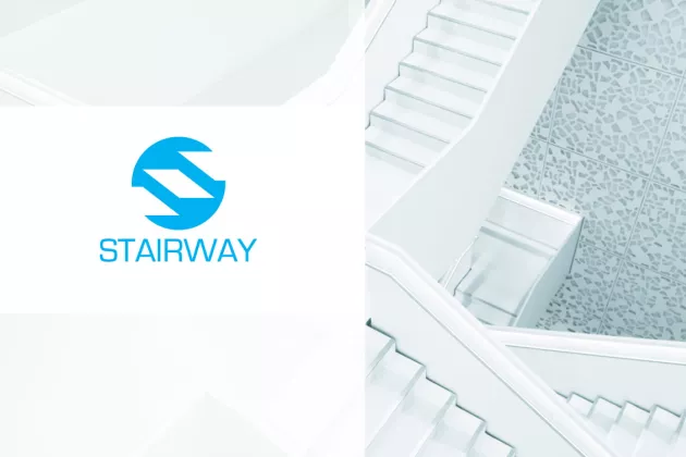 Stairway logotyp och bild på trappa.