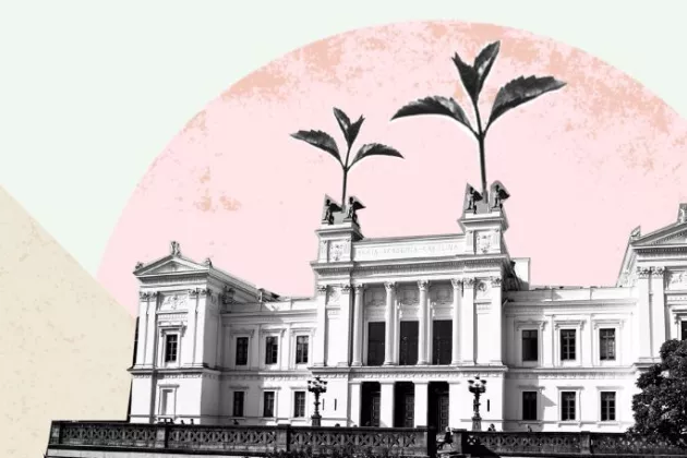 En illustration på Lunds universitetsbyggnad med växter som pryder byggnaden