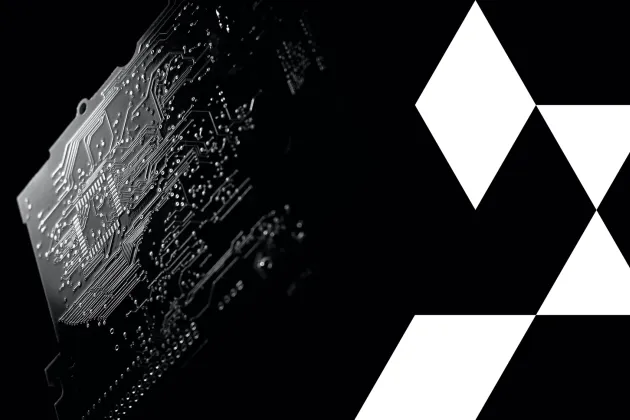 Mörk bild på elektronik med grafiskt mönster till höger.