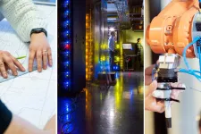 En collage i tre delar: Två händer vid en planskiss, två person i ett maskinrum och händer som rör vid en robot 