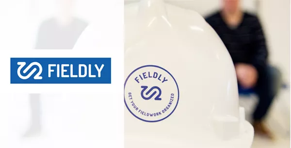 Fieldly logotyp och bild på bygghjälm