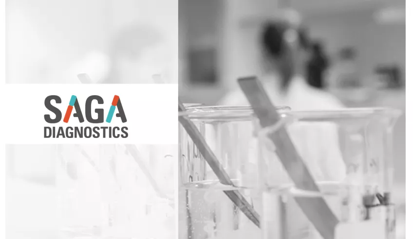 Saga Diagnostics, logotyp och bild från lab